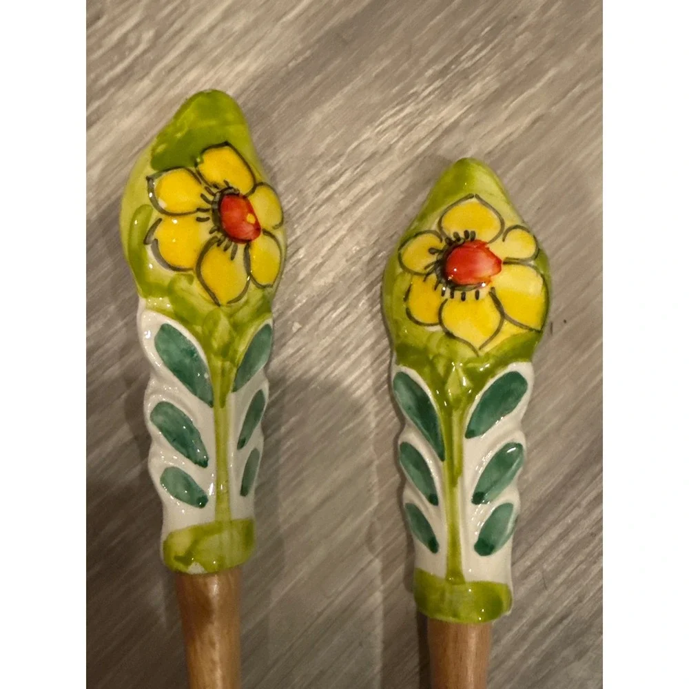 Vintage Italian Hand Painted Ceramic Handle Wood Salad Serving Set Sunflower 2pc